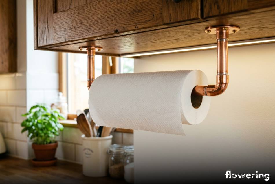 Miedziany stojak na ręczniki pod szafką kuchenną