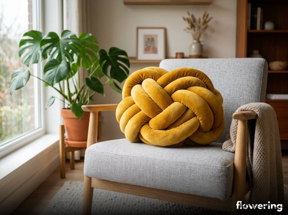 Musztardowa poduszka wezel na jasnoszarym skandynawskim fotelu