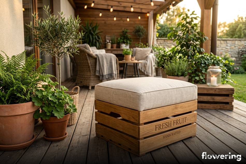 Miekka pufa z drewnianej skrzynki na letnim tarasie