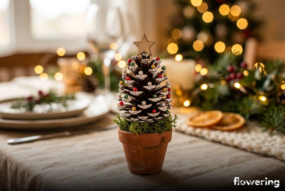 Miniaturowa choinka z szyszki w glinianej doniczce na stole