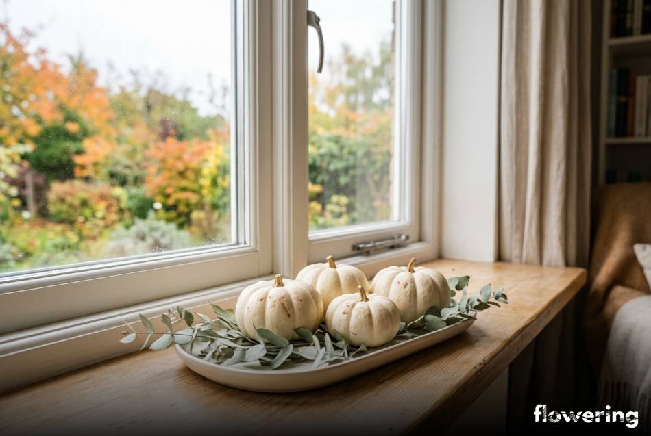 Białe dynie Baby Boo z eukaliptusem na parapecie