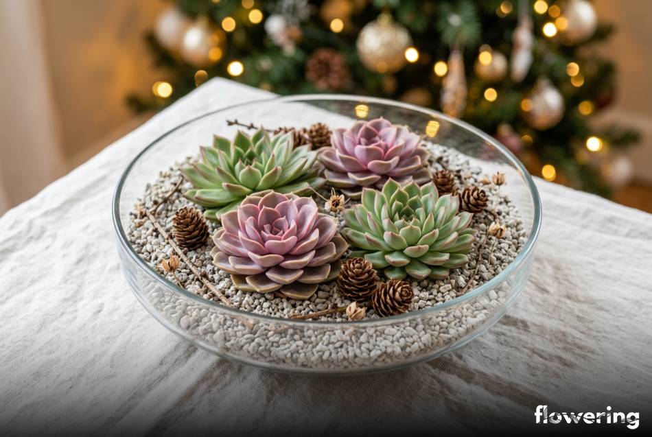 Sukulenty i szyszki modrzewiowe w szklanej misie na stole