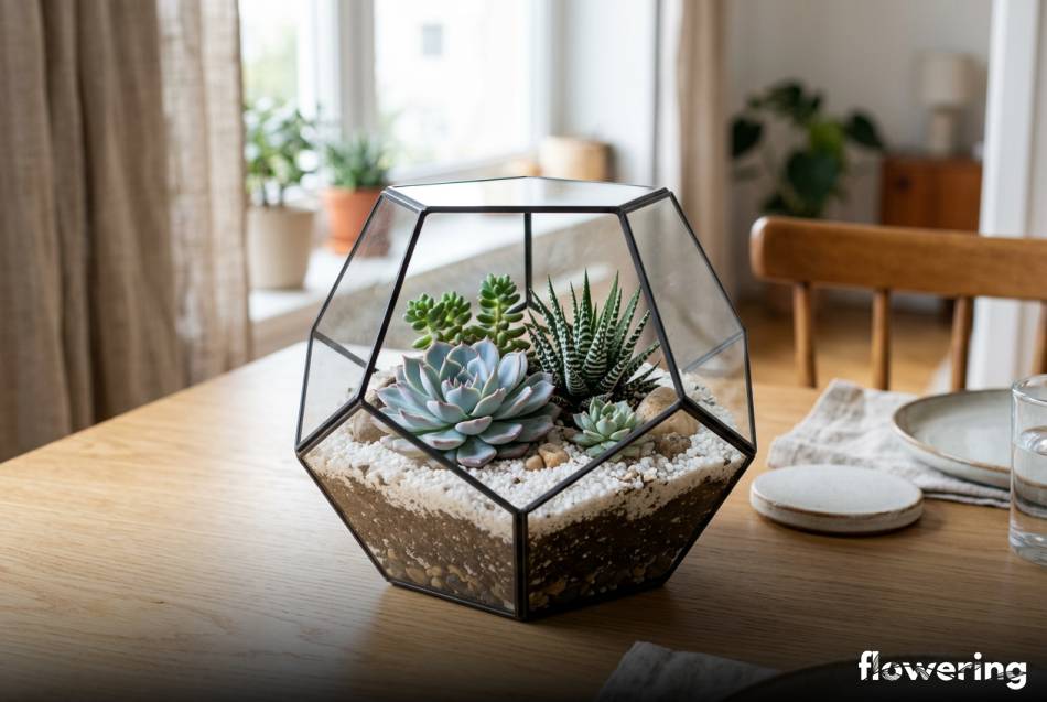 Geometryczne terrarium z sukulentami na drewnianym stole