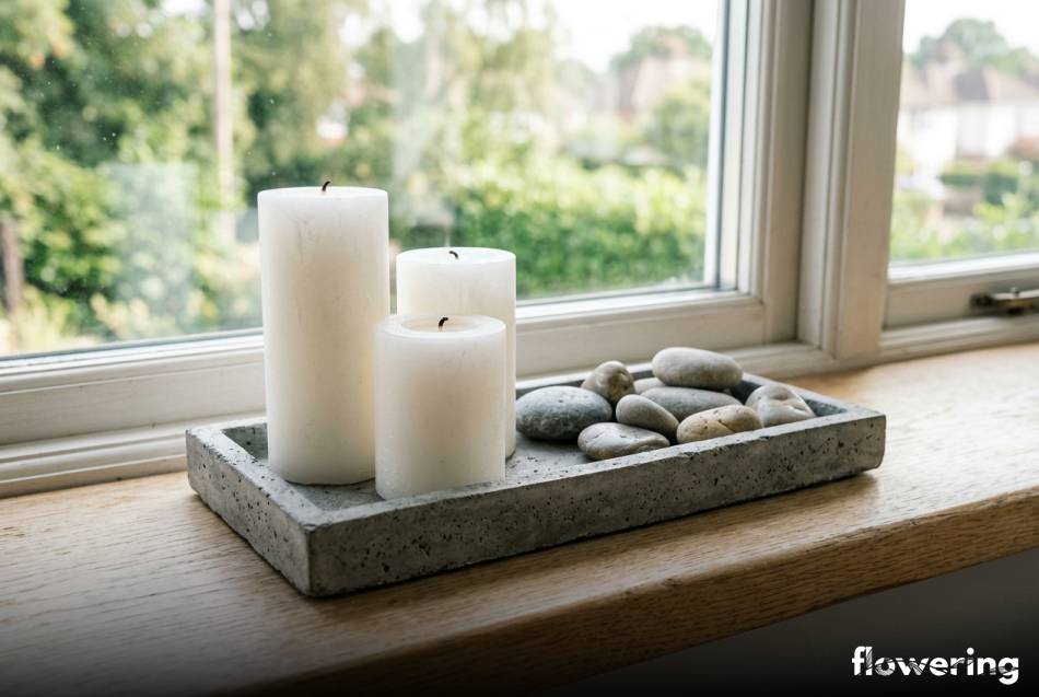 Minimalistyczna taca z betonu ze świecami i otoczakami na parapecie