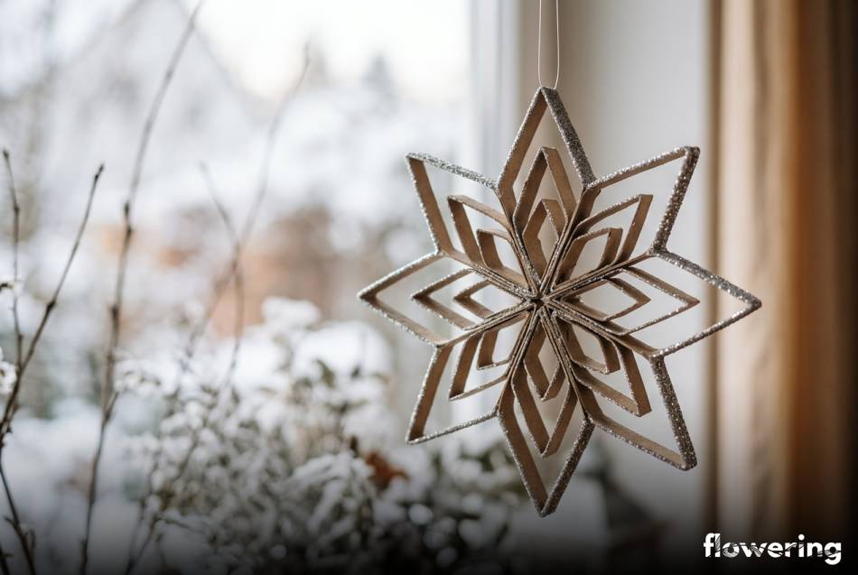 Srebrna gwiazda z rolek papieru wisząca w oknie