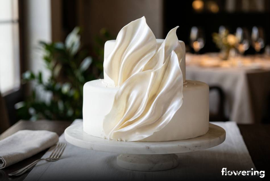 Białe żagle z czekolady z perłowym połyskiem na torcie