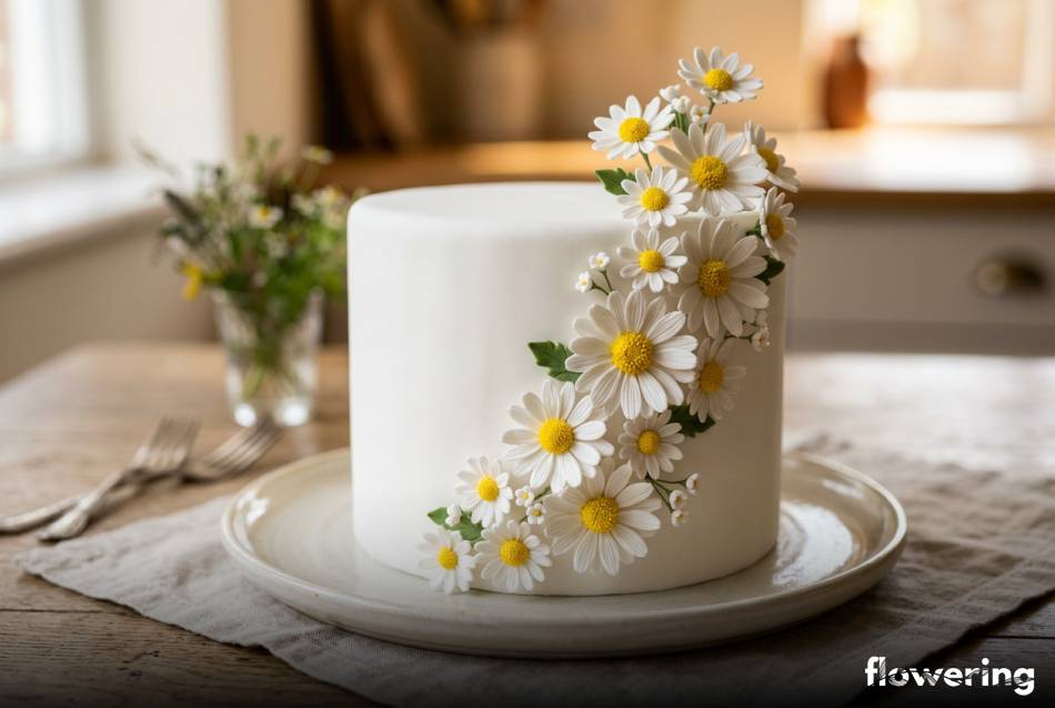 Białe stokrotki z masy cukrowej na gładkim torcie