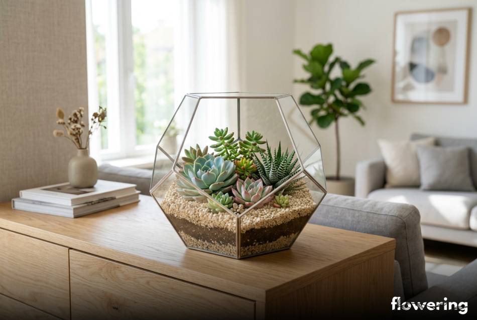 Szklane terrarium z sukulentami i żwirkiem na komodzie