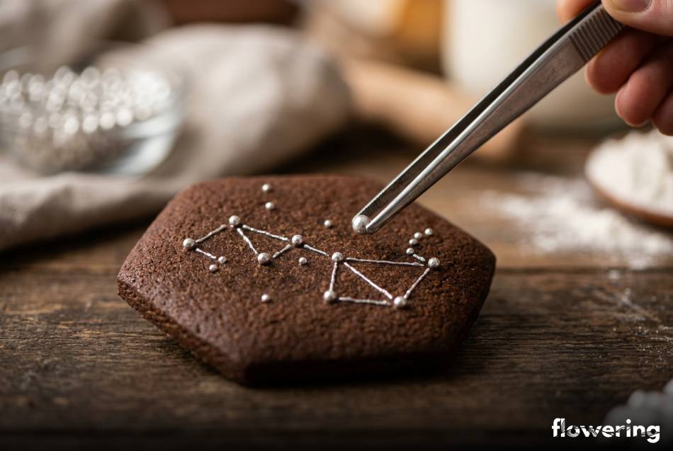 Minimalistyczne zdobienie pierników srebrnymi perełkami i pęsetą cukierniczą