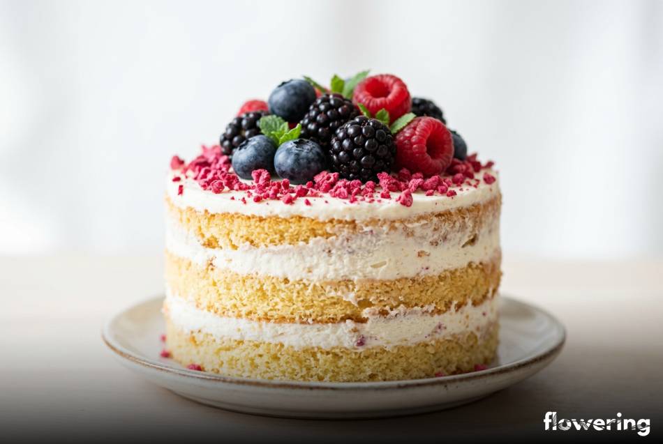 Naked cake z owocami leśnymi i kruszonką z liofilizowanych malin