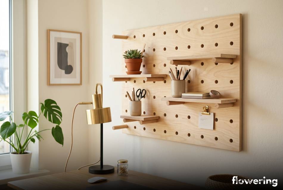 Drewniany organizer ścienny ze sklejki typu pegboard