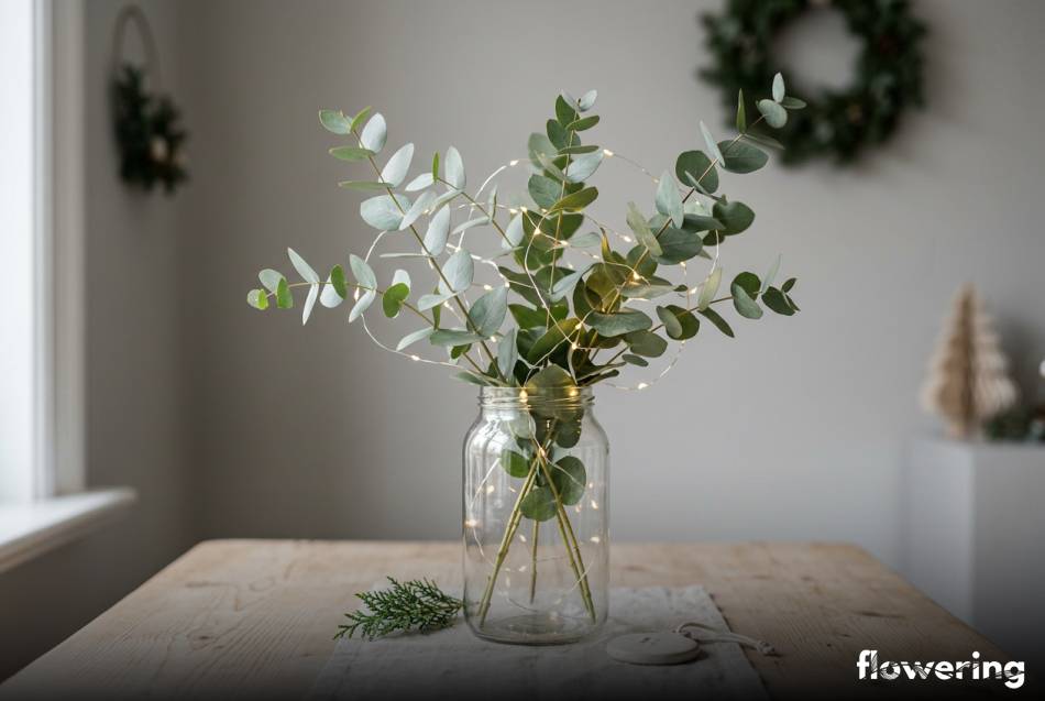 Minimalistyczny stroik w słoiku z eukaliptusem i lampkami led