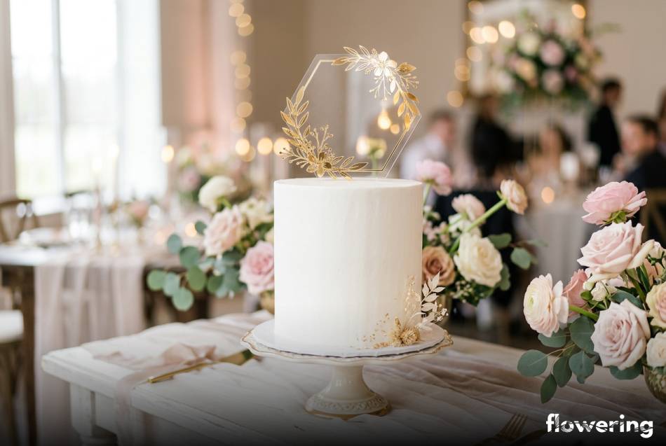 Złoty lustrzany topper na eleganckim białym torcie dla kobiety