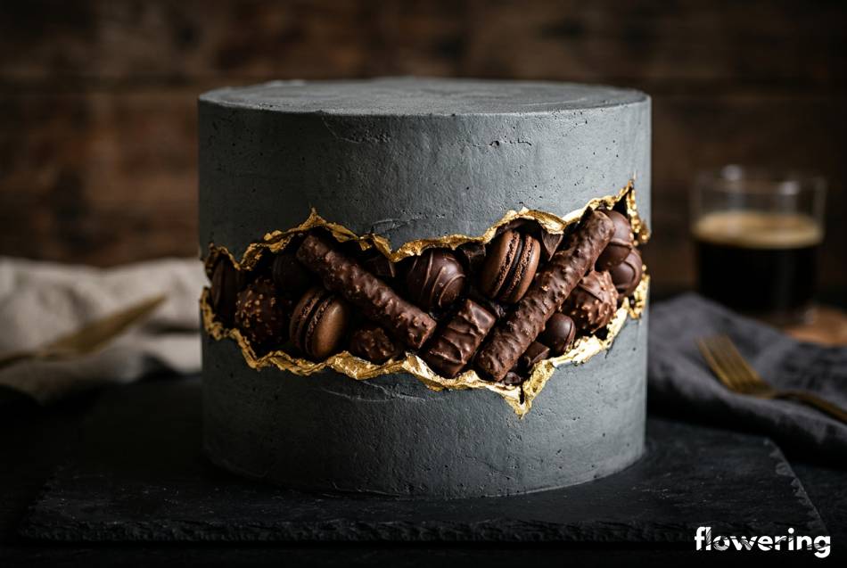 Szary tort fault line z pralinami i złotymi krawędziami