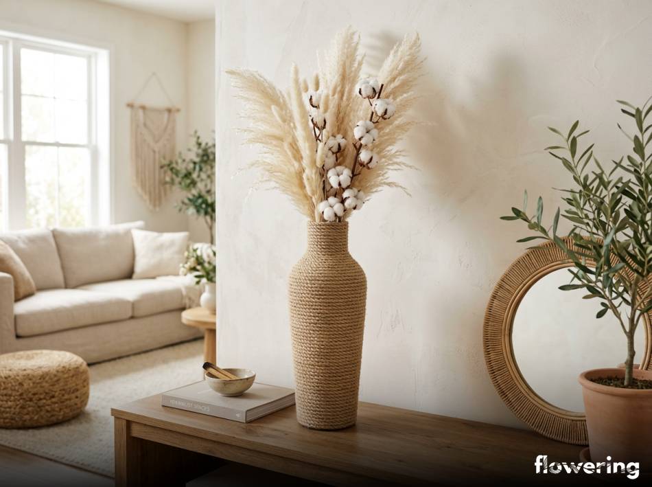 Minimalistyczny wazon ze sznurka jutowego z trawami pampasowymi