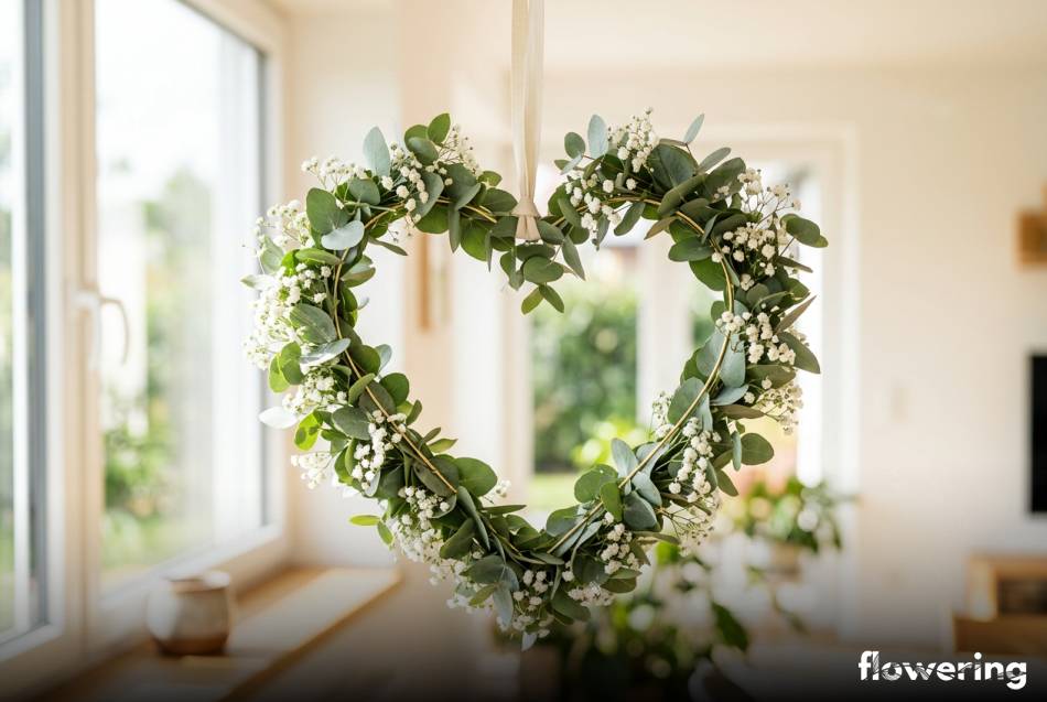 Minimalistyczny wianek z eukaliptusa i gipsówki w oknie