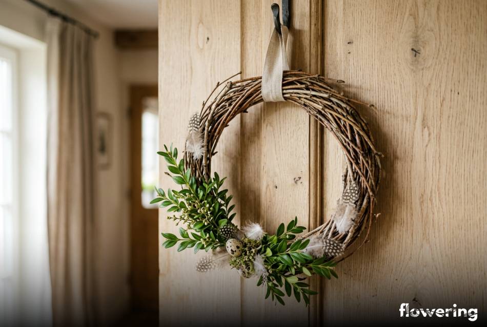 Minimalistyczny wianek wielkanocny z brzozowych witek bukszpanu i piórek