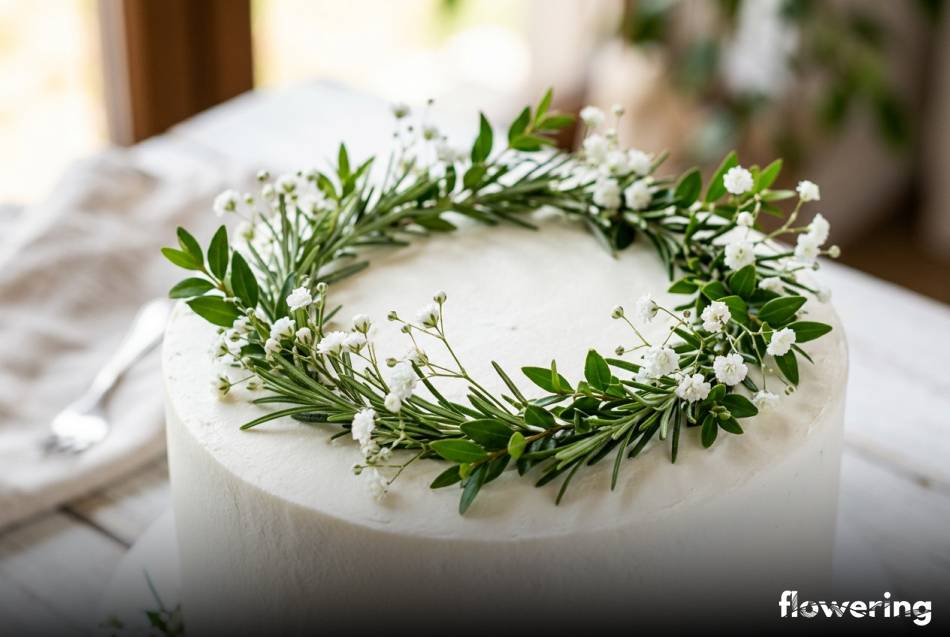 Minimalistyczny wianek z mirtu i gipsówki na białym torcie
