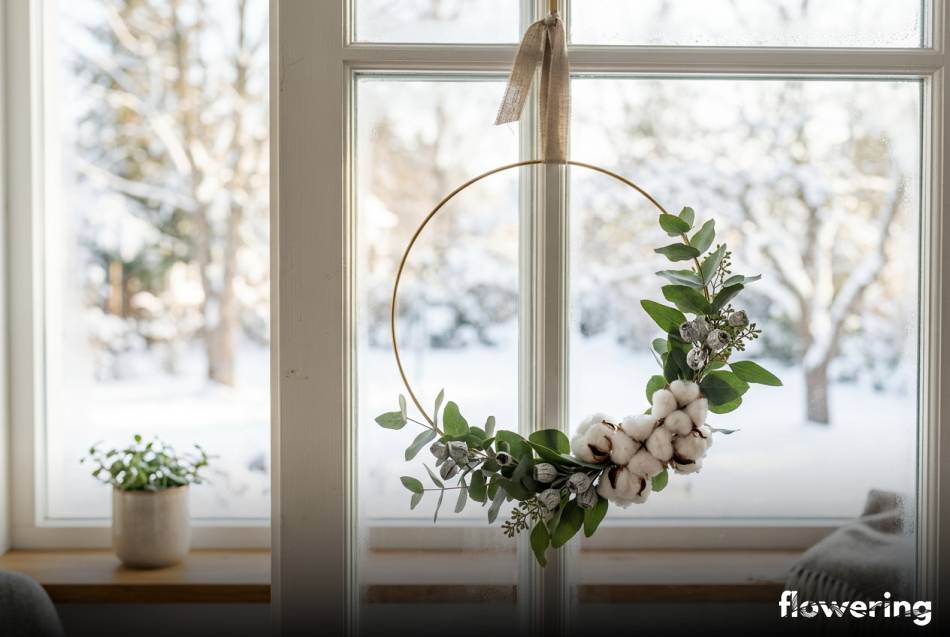 Minimalistyczny wieniec z eukaliptusa i bawełny na złotej obręczy