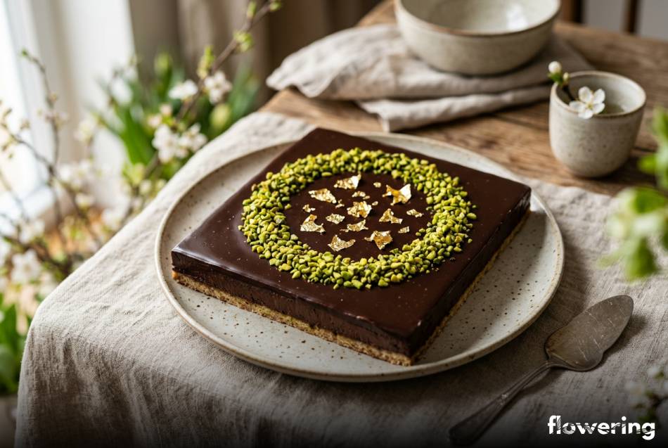 Minimalistyczna dekoracja mazurka z zielonych pistacji i jadalnego złota