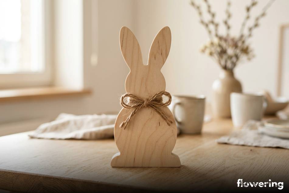 Minimalistyczny zajączek ze sklejki z ozdobną jutową kokardką