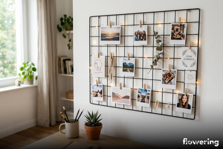 Czarna metalowa kratka z polaroidami i drewnianymi klamerkami
