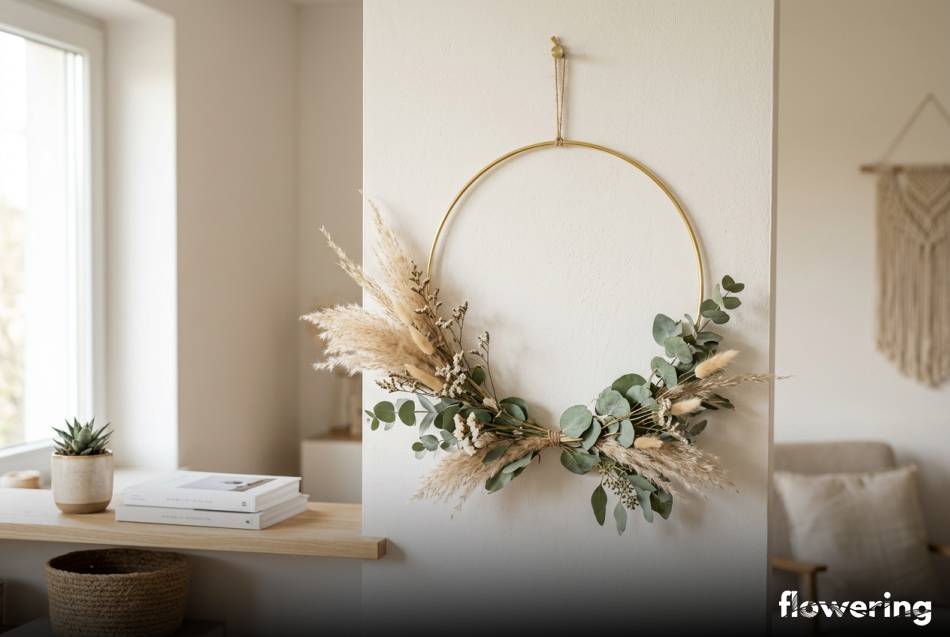 Mosiężny wieniec z eukaliptusem i trawą pampasową w salonie