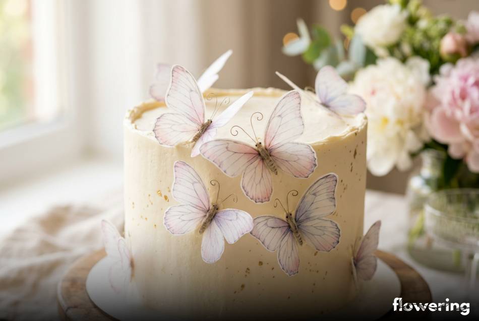 Trójwymiarowe motyle z papieru waflowego na białym torcie