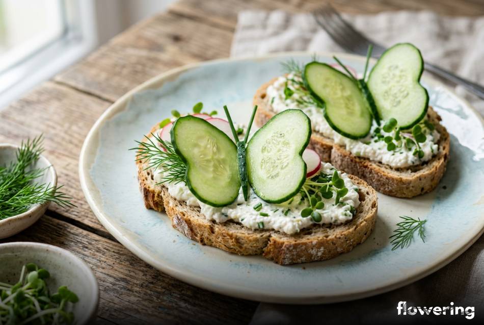 Urocze motyle z plasterków ogórka na kanapkach dla dzieci