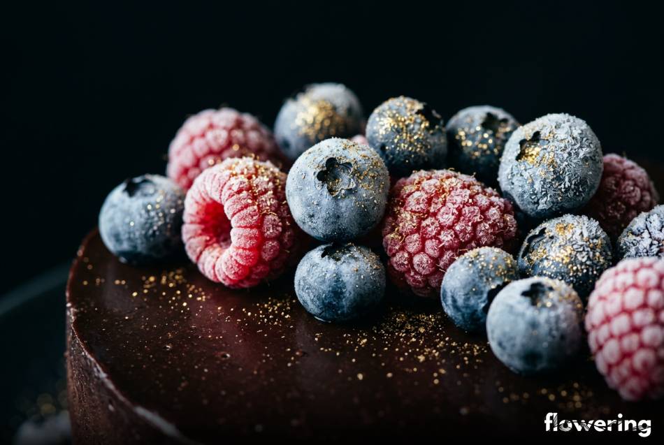 Mrożone owoce leśne z jadalnym złotym pyłem na torcie