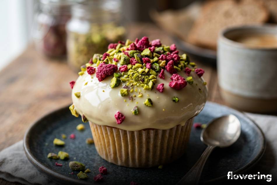 Muffinki z białą czekoladą liofilizowanymi malinami i pistacjami