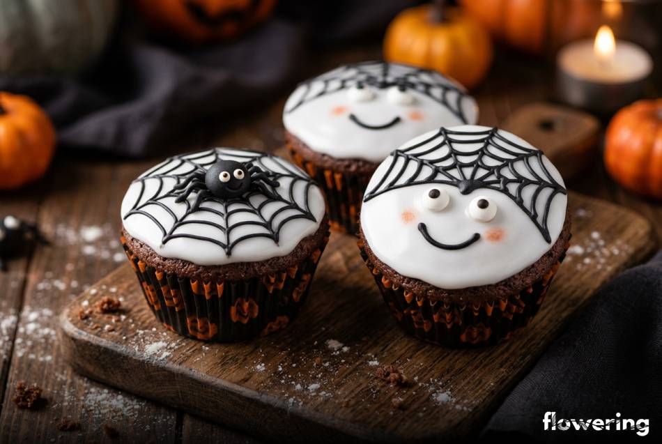 Dekoracyjne muffinki z pajęczynami i uśmiechniętymi buziami z lukru