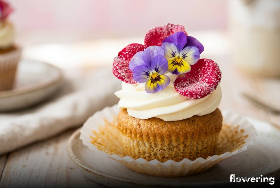 Muffinka z kremem mascarpone ozdobiona bratkami i cukrowymi płatkami