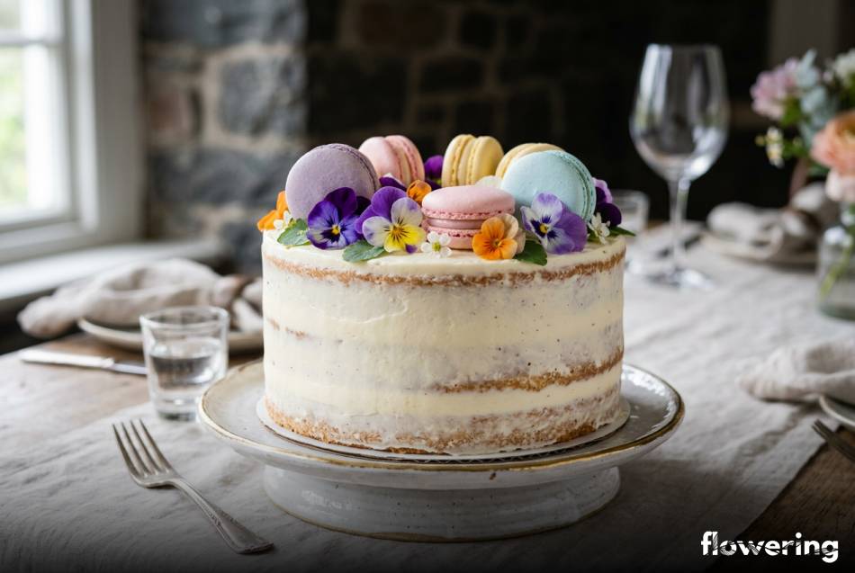 Naked cake zdobiony makaronikami oraz świeżymi jadalnymi bratkami