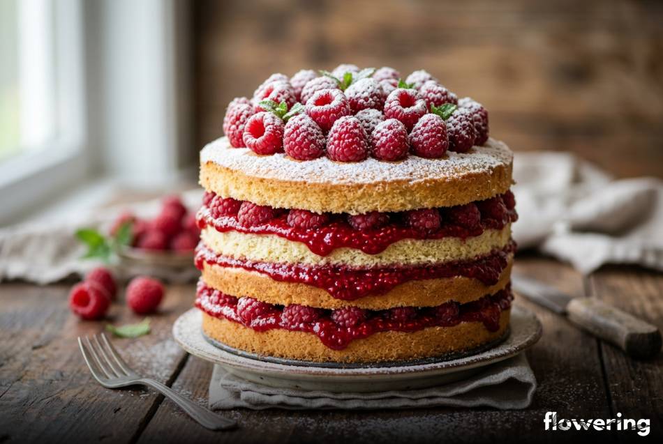 Rustykalny tort naked cake z widoczną malinową żelką