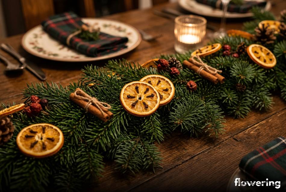 Naturalna girlanda z igliwia i suszonych pomarańczy na wigilijnym stole