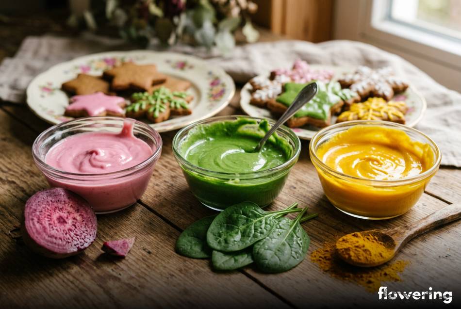 Kolorowy lukier z naturalnych barwników obok świeżych warzyw