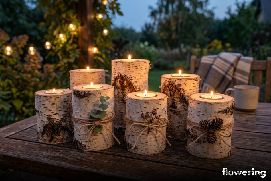 Naturalne świeczniki z brzozowych pieńków na tarasie