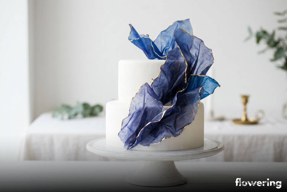 Błękitne kryzy z papieru ryżowego zdobione złotem na torcie