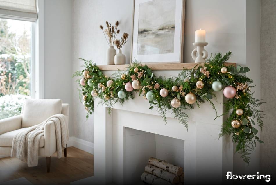 Nowoczesna girlanda z pastelowych bombek i asparagusa nad białym kominkiem