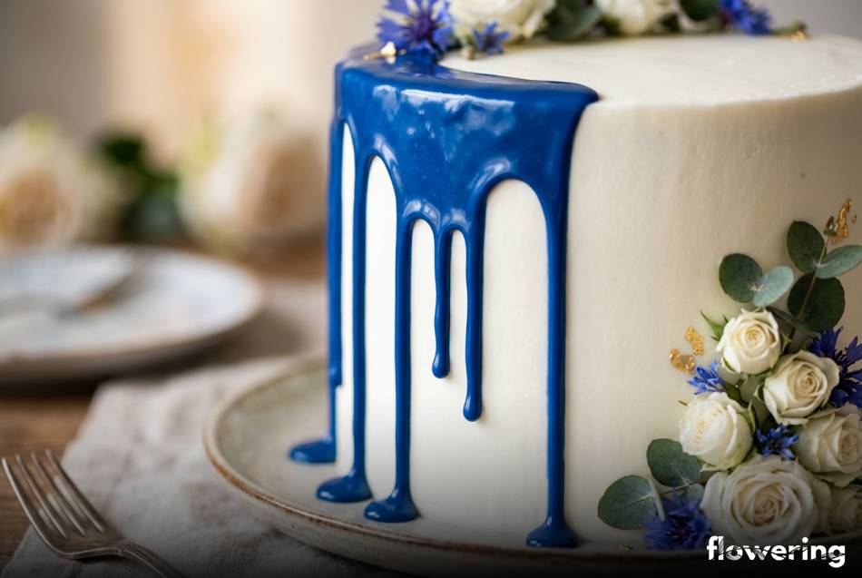 Nowoczesny chabrowy drip z białej czekolady na białym torcie