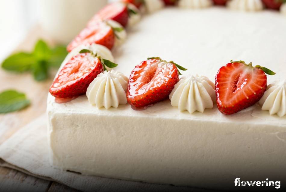 Błyszczące truskawki i maślane rozety na krawędzi tortu