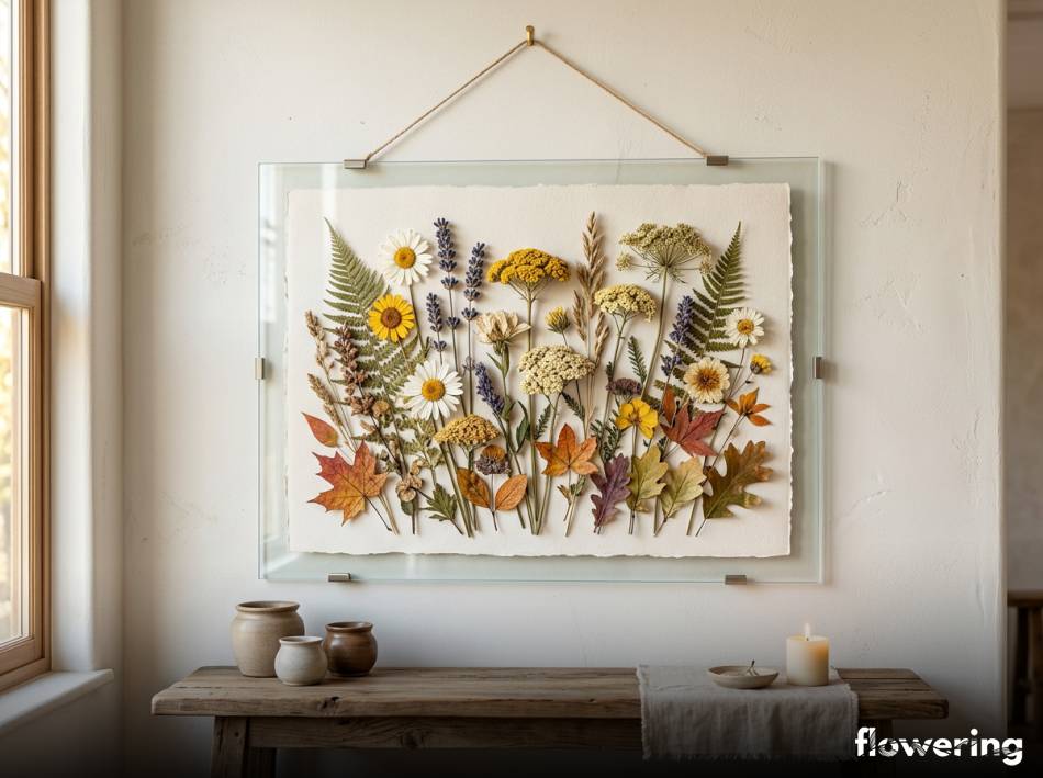 Kompozycja z suszonych liści i kwiatów w antyramie