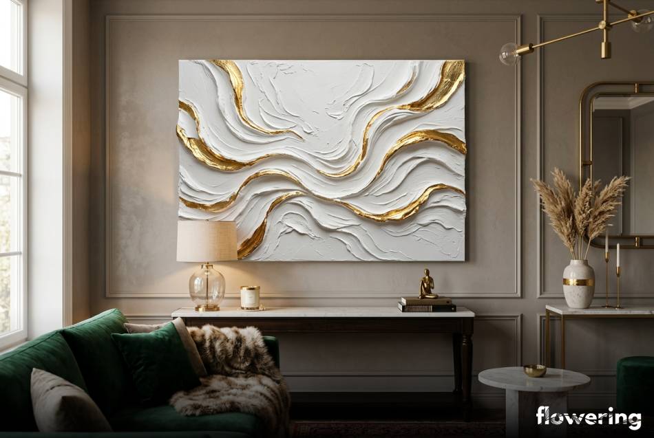 Abstrakcyjny obraz przestrzenny ze złotym szlagmetalem na ścianie