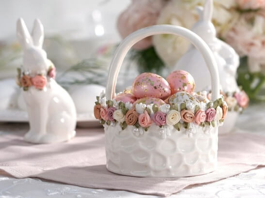 koszyczek porcelanowy z satynowym wiankiem
