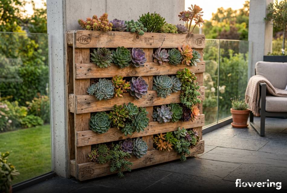Ogród wertykalny z palety i sukulentów na tarasie