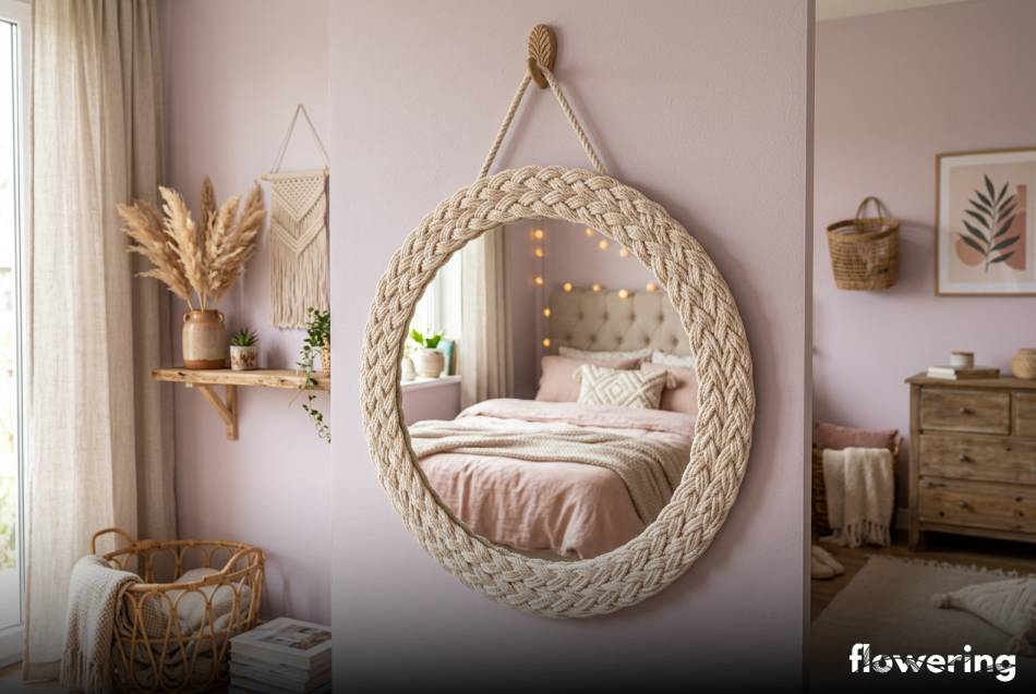 Okrągłe lustro z ramy ze sznura bawełnianego boho
