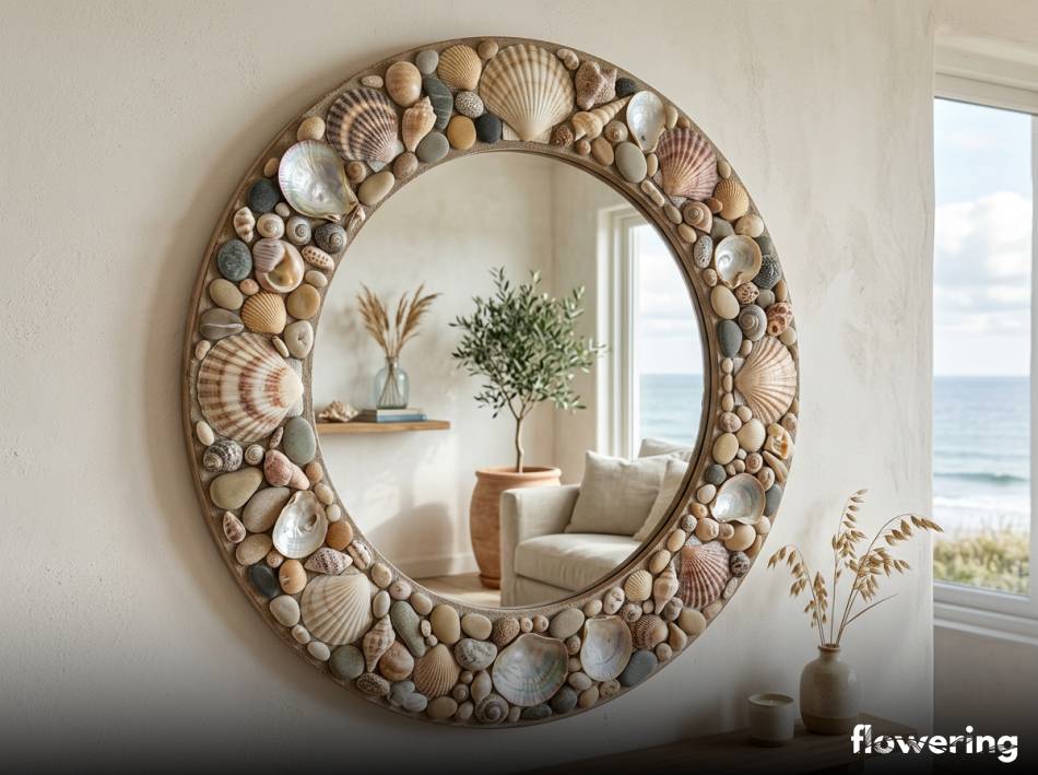 Okragle lustro wyklejane muszlami i drobnymi kamykami