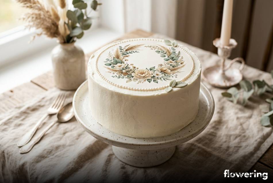 Biały tort komunijny z opłatkiem waflowym w stylu boho