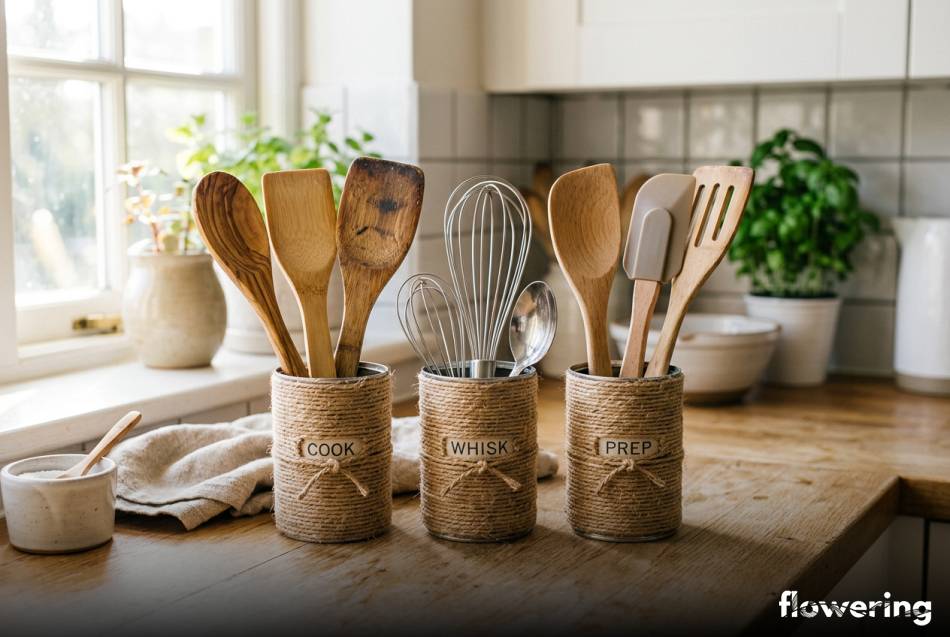 Organizer z puszek i sznurka z przyborami kuchennymi